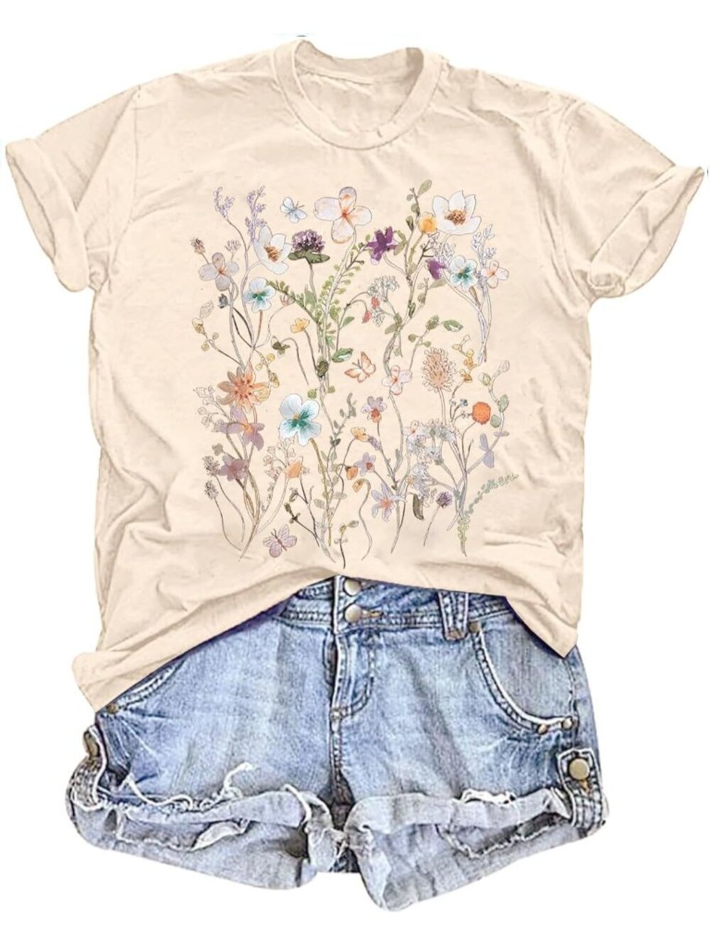 Women's Khaki Short Sleeve Imported Wildflower Floral Casual Tops T Shirt